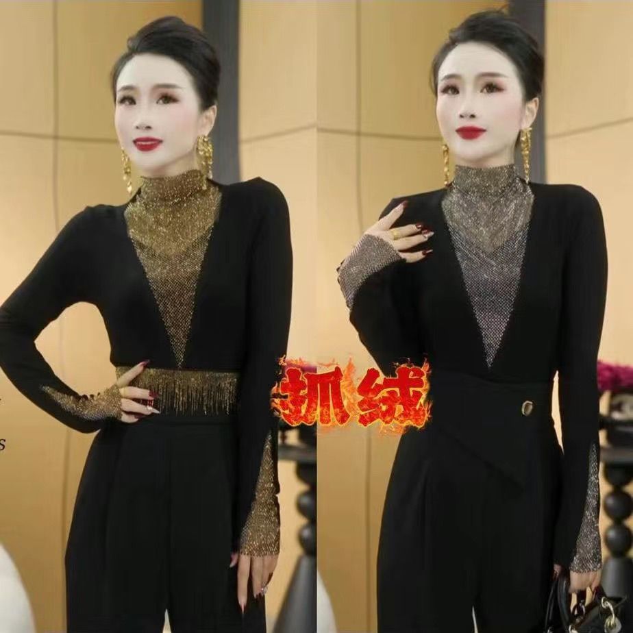 法式加绒加厚V钻拼接长袖上衣女2025秋冬款百搭显瘦保暖打底衫潮