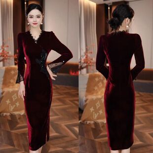 2025秋季新款收腰显瘦洋气减龄轻奢女人味丝绒连衣裙
