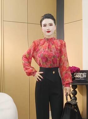 原版正品 气质名媛风红玫瑰印花上衣 半高领灯笼袖遮肉显瘦雪纺衫