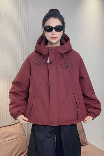 夹棉冲锋衣外套女2025秋冬新款派克服中长款工装休闲宽松风衣棉服