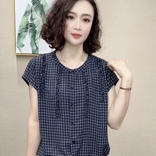 2026夏季时尚简约百搭女士短袖格子花边下摆抽绳衬衫上衣#52011
