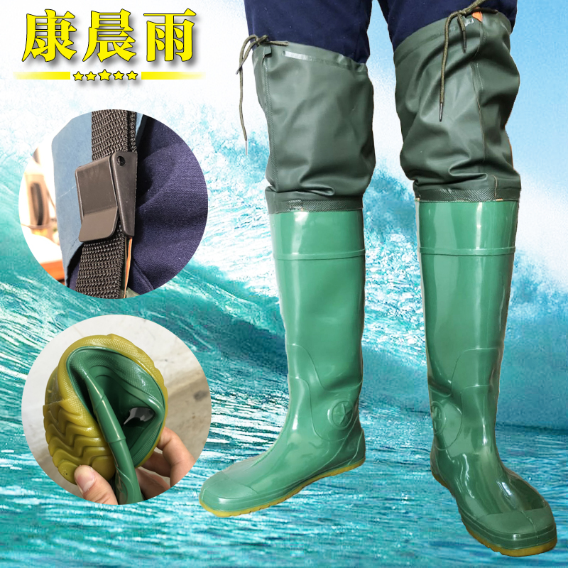 康晨雨鞋插秧钓鱼下水连体雨裤水田袜加长连鞋裤防水涉水鞋超高筒