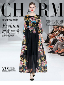 RM5170#长袖系带雪纺长款印花连衣裙