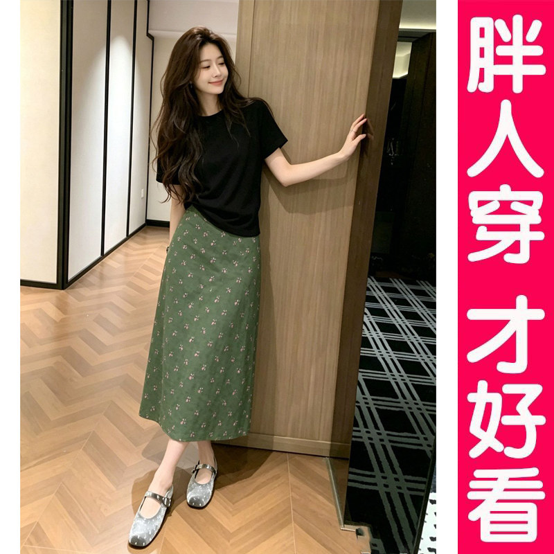 冰丝T恤女夏上衣碎花a字半身裙时尚套装