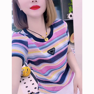 夏季薄款彩色条纹冰丝针织衫短袖T恤女大码胖mm洋气减龄显瘦上衣