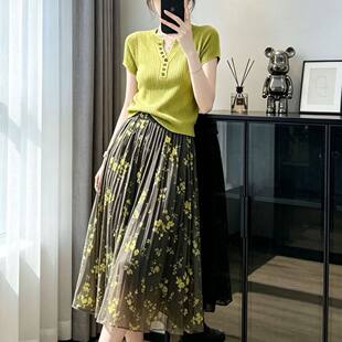 大码胖mm夏季薄款冰丝针织衫短袖T恤女a字百褶碎花半身裙两件套装