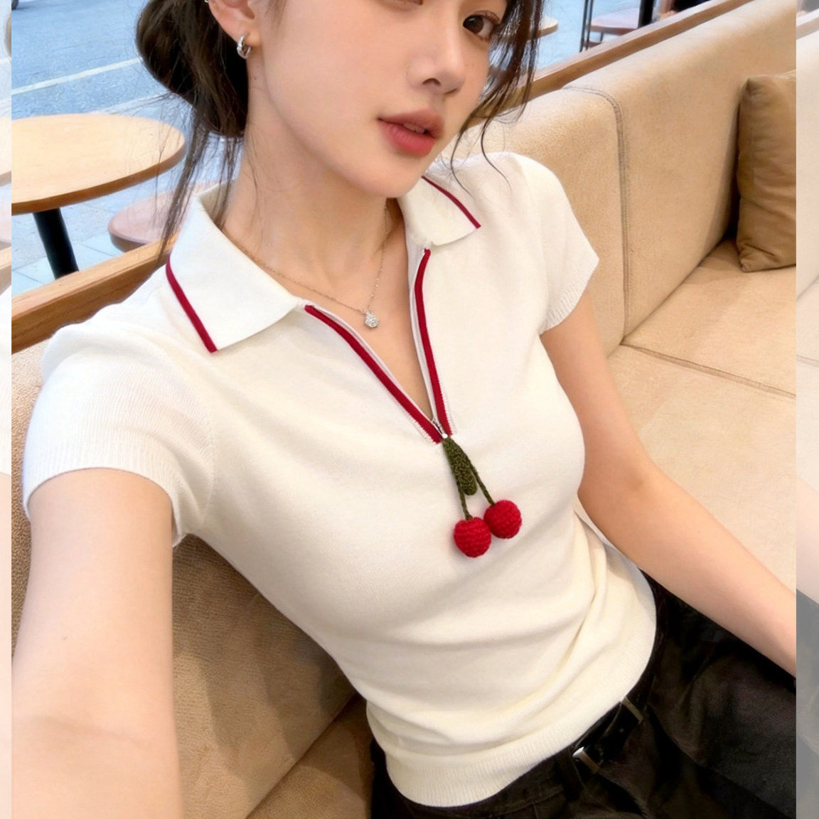 洋气樱桃翻领短袖针织衫女夏季大码胖mm独特时尚甜美减龄显瘦上衣