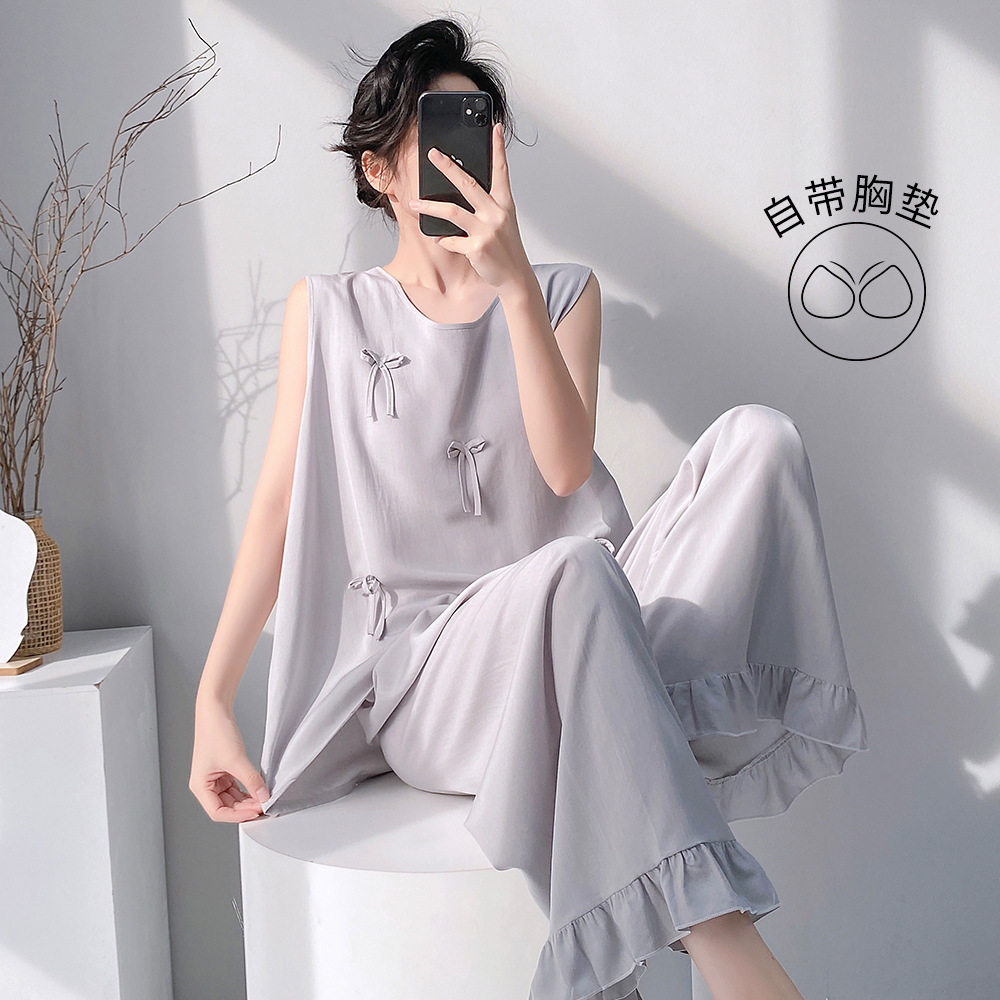 棉绸睡衣女夏季薄款无袖长裤套装时尚洋气外穿可爱大码宽松家居服