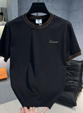 2025夏季男士新款时尚圆领简约刺绣净版纯色T恤半袖透气百搭男装