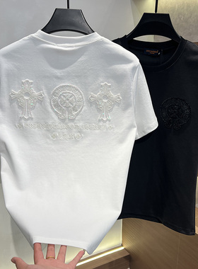 2025夏季男士新款时尚圆领T恤休闲简约刺绣百搭短袖轻奢潮服男装