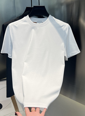 2025春夏新款男士时尚净版圆领T恤休闲百搭纯色潮流拼接简约男装