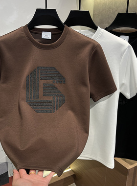 2025秋冬男士新款重工半袖印花圆领T恤短袖刺绣时尚百搭男装