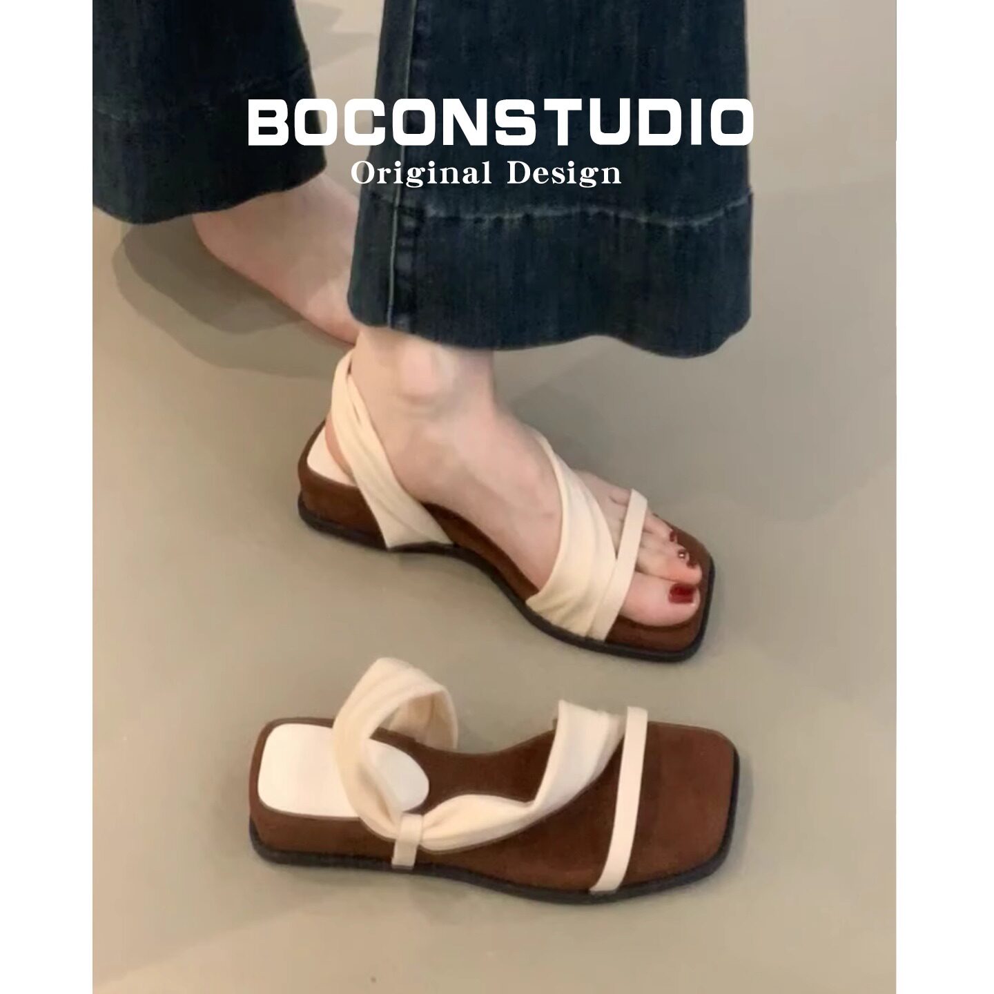 羊皮版~两穿罗马风一字带凉鞋女夏厚底露趾百搭舒适度假风凉拖鞋