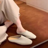 女夏外穿 一脚蹬软面懒人平底拖鞋 真皮包头穆勒鞋 女半拖2025新款