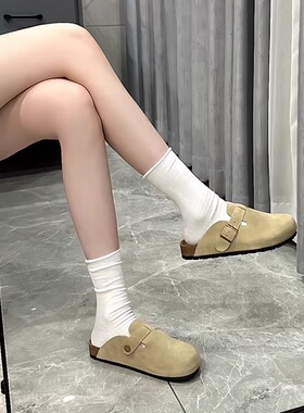 男女同款真皮勃肯鞋包头拖鞋女夏外穿平底软木半拖鞋钓鱼博肯鞋