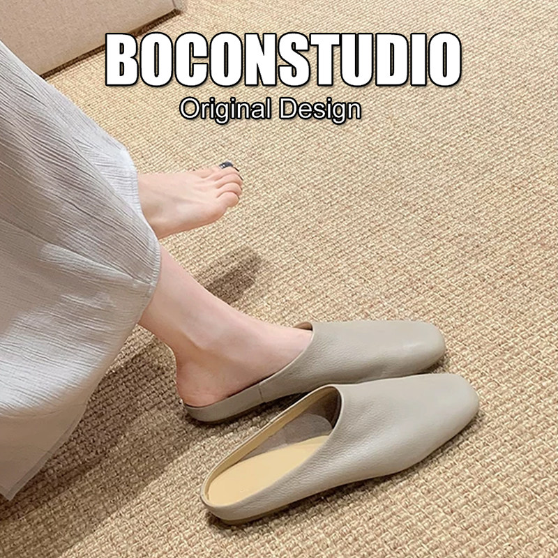 真皮包头半拖鞋女外穿2026新款春季百搭小方头一脚蹬平底穆勒鞋女