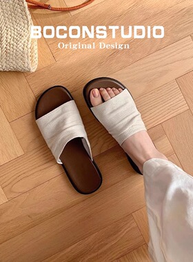 羊皮版~度假风曼谷拖亚麻褶皱平底凉拖鞋女夏外穿沙滩一字拖鞋子