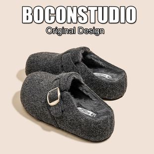 增高5cm格雷系灰色加绒勃肯鞋女秋冬毛毛鞋棉鞋厚底半拖鞋女外穿