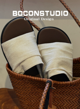 羊皮版~度假风亚麻褶皱曼谷拖鞋女夏外穿2025新款平底凉拖鞋女款