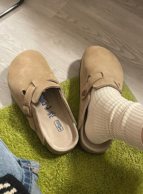 限时伴价78！真皮勃肯鞋2025新款包头半拖鞋女夏外穿平底博肯鞋男