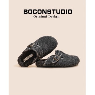 厚底毛毡包头拖鞋 灰色加绒勃肯鞋 保暖毛毛鞋 冬季 女外穿 女2025新款