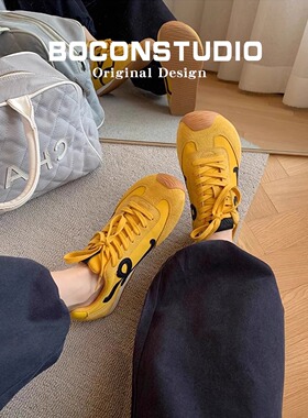 王一博同款黄色德训鞋女真皮阿甘鞋复古春季内增高百搭运动休闲鞋