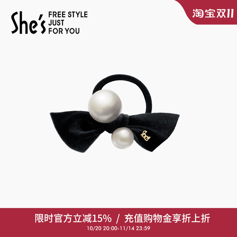 shes茜子轻简循迹复古丝绒仿珍珠蝴蝶结布艺发圈发绳皮筋弹力耐用