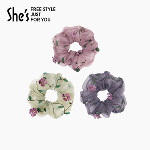 shes茜子卢梭假日手工刺绣花朵网纱大肠发圈欧根纱盘发头绳发饰女
