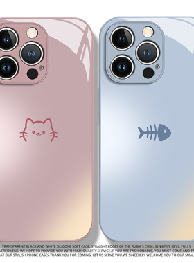 适用于OPPOreno15pro手机壳reno14小猫吃鱼骨13新款玻璃12高颜值11情侣一对10pro+防摔保护套9男女8防摔7全包