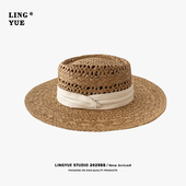 法式 复古镂空草帽女夏季 平顶小礼帽出游海边遮阳防晒帽平檐太阳帽