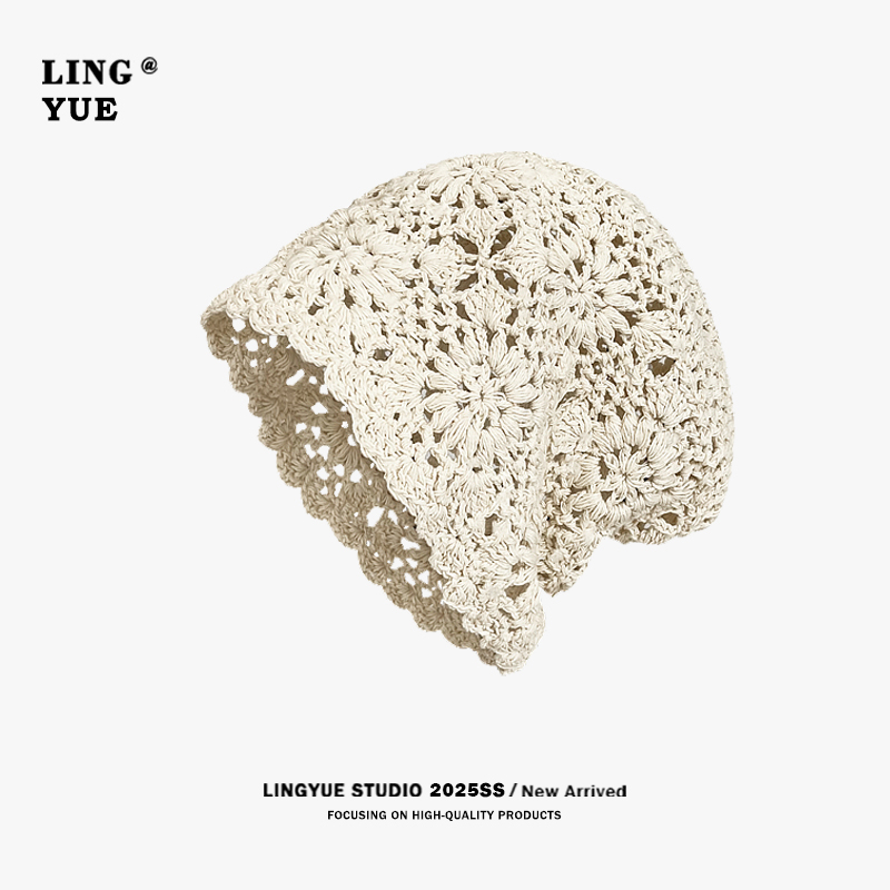 镂空针织包头帽子女春夏季薄款大头围堆堆帽文艺复古冷帽洋气百搭