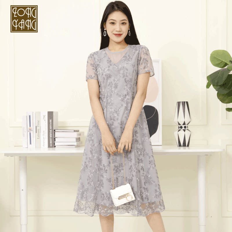 宗洋zongyang女装2022夏季新品蕾丝v圆领百搭连衣裙8068