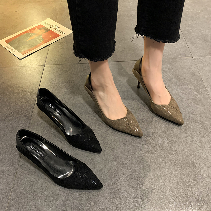 单鞋女2020新款秋季尖头高跟鞋女软底休闲百搭时尚浅口细跟工作鞋