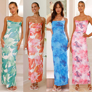 性感修身 印花无袖 包臀吊带连衣裙潮 夏季 夏亚马逊欧美跨境女装