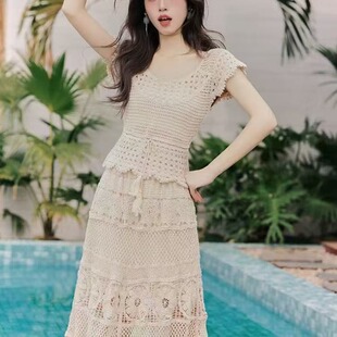 上衣高腰半身裙长裙两件套装 温柔度假风旅游镂空修身 显瘦针织短袖