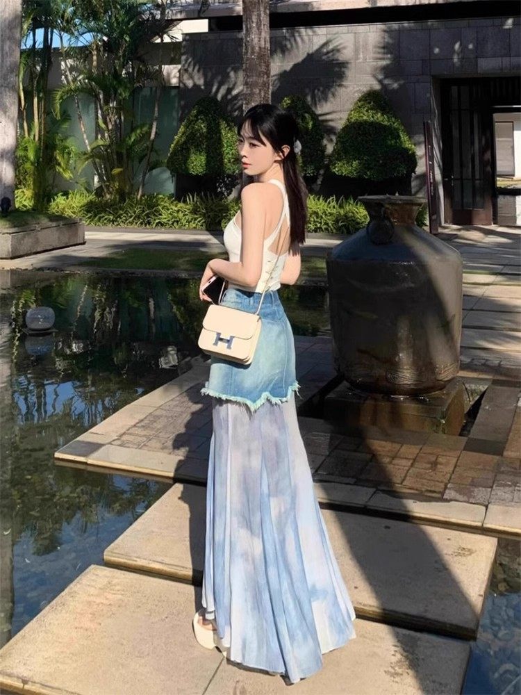 2025新款设计感牛仔拼接晕染雪纺半身裙女纯欲高腰显瘦鱼尾长裙子