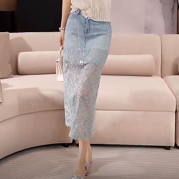 欧货烫钻蕾丝拼接高腰牛仔半身裙女装夏季百搭时尚气质开叉中长裙