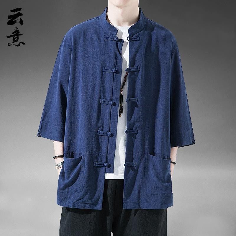 夏季中国风亚麻短袖唐装男复古五
