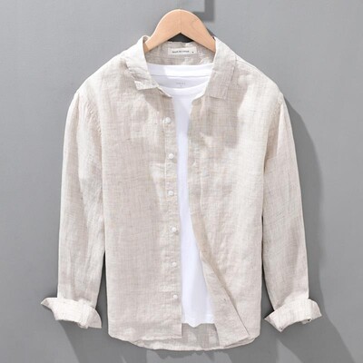 春夏季新款男士纯亚麻长袖衬衫麻