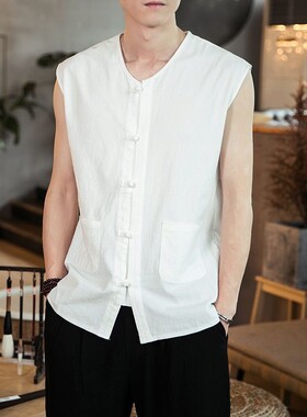 夏季复古中国风盘扣棉麻背心男唐装汉服汗衫青年无袖衬衫休闲坎肩