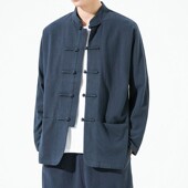 对襟盘扣茶服上衣中国风纯色中山装 春秋棉麻复古休闲唐装 外套男士