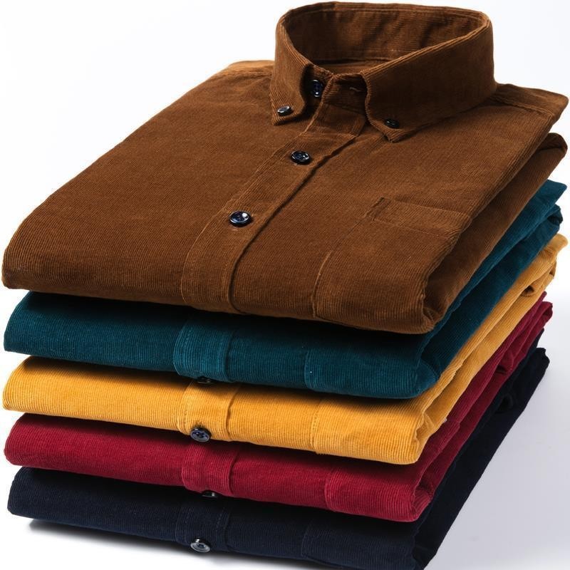 春秋装纯棉灯芯绒男衬衫长袖纯色