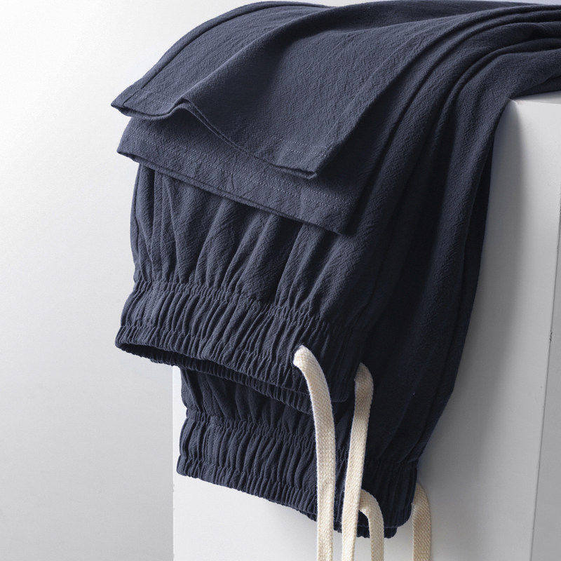 高端亚麻裤藏青色棉麻裤子宽松直筒裤夏季薄款苎麻长裤男士休闲裤