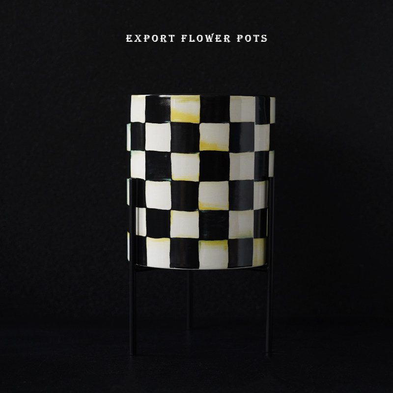 出口美国艺术黑白格子花盆陶瓷 卫浴高档工具桶收纳装饰