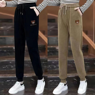 小熊绣花加绒加厚九分大码灯芯绒秋冬保暖雪尼尔高腰束脚哈伦裤女