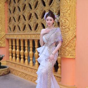 女装民族服装舞台装浅紫钉珠傣式鱼尾裙云南旅拍写真迎宾礼仪礼服