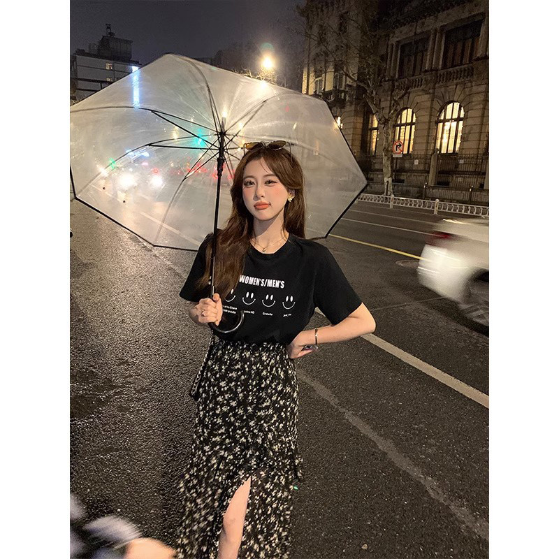 单件/套装设计感碎花蛋糕裙女胖MM开叉半身裙百搭显瘦T恤两件套夏