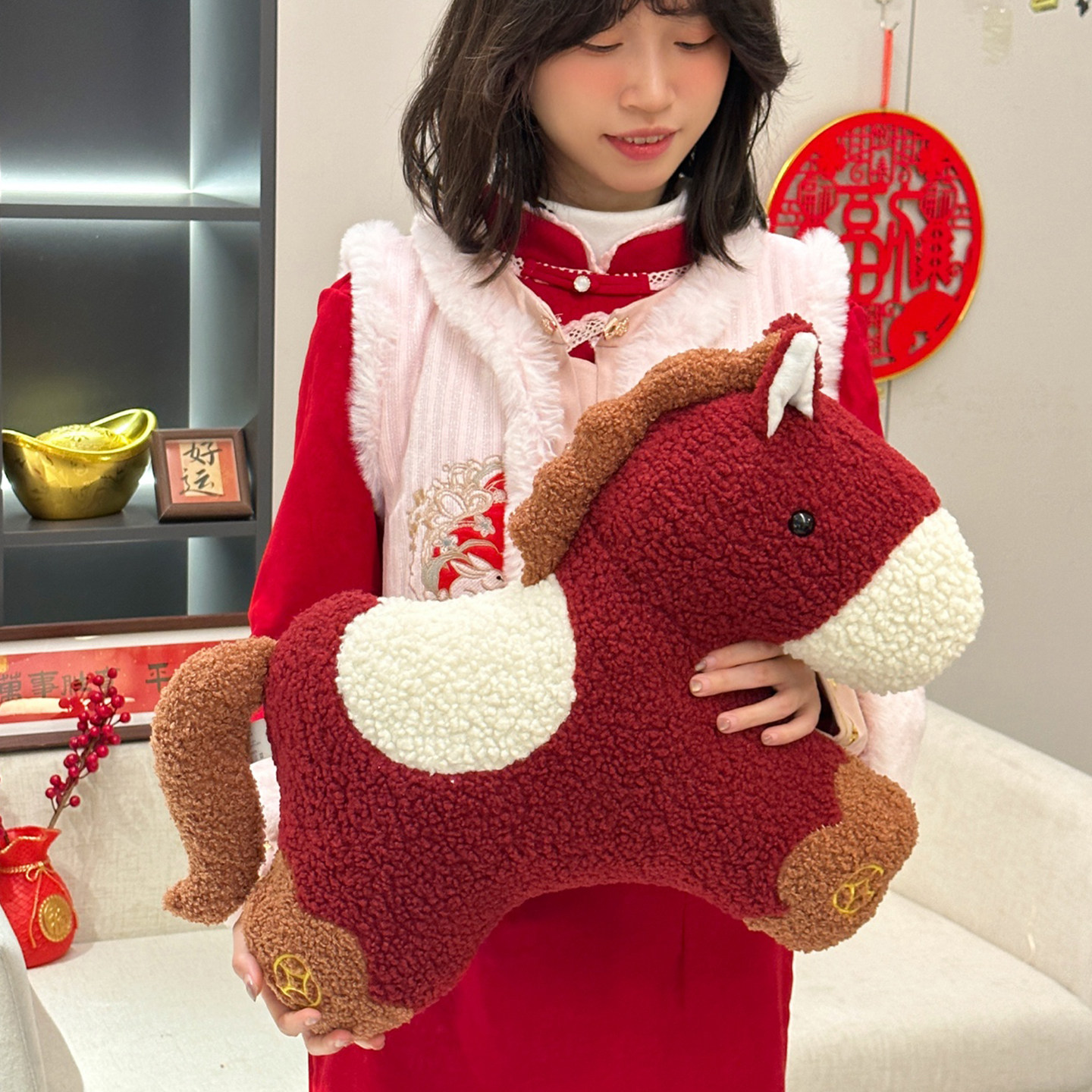 足下生财国风红色小马抱枕马年吉祥物公仔玩偶沙发靠枕床头靠垫,居家布艺,靠垫/抱枕,淘宝优惠券,粉丝福利购,淘宝优惠卷