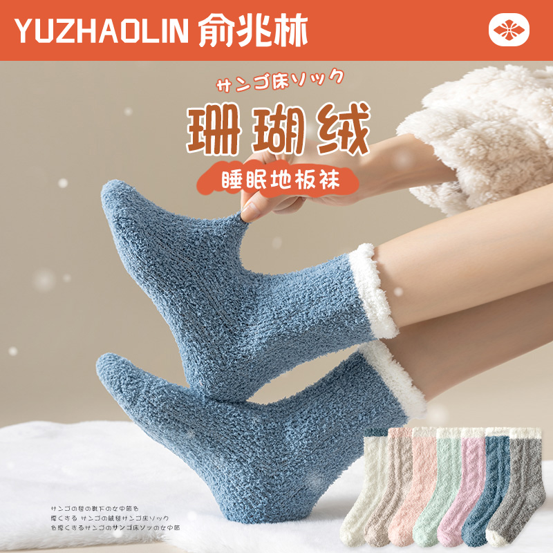 珊瑚绒袜子女秋冬季加绒加厚中筒