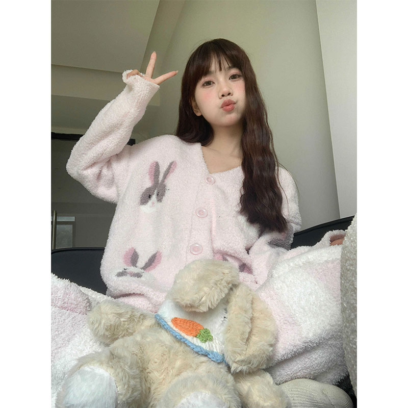 冬天保暖加厚兔子半边绒睡衣